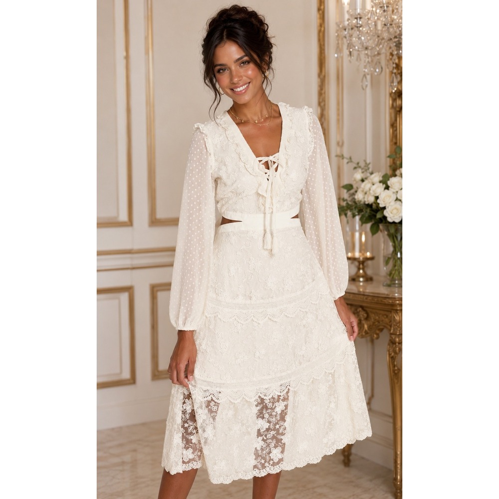 Alexis for Target Cream Lace Midi Dress Romantic Prairie Boho Bridal Ethereal XS
